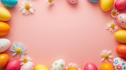 Obraz premium Vivid Easter eggs and white daisy flowers forming a festive border on pink background with copy space. Great for Easter 2026 spring banners, cards, social media.