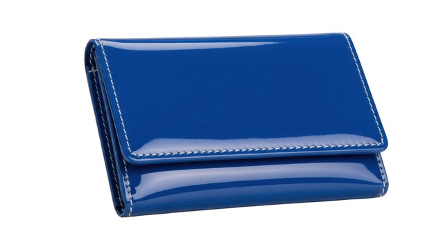 Isolated blue wallet or cardholder, folded shiny leather with stitching, small accessory