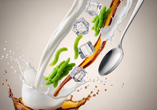 Traditional Indonesian cendol dessert drink splashing with coconut milk, palm sugar syrup, and ice cubes.