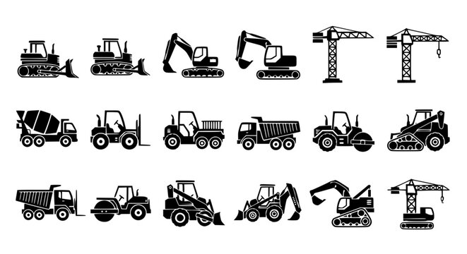 Construction Vehicles and Heavy Machinery Silhouette Icons &ndash; Flat Black Vector Set