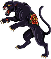 Fototapeta premium Dark purple panther coils fiercely around bold red roses in rich ink.