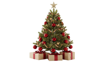 Isolated Christmas tree with ornaments, star, gifts, and ribbon, holiday scene for marketing