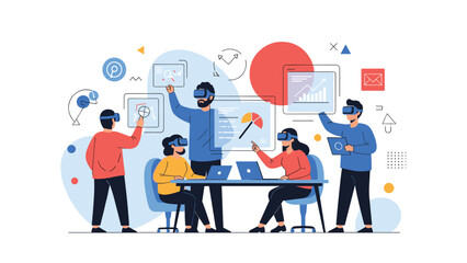 Fototapeta premium Team of professionals wearing virtual reality headsets while working together in a high-tech and collaborative virtual workspace.