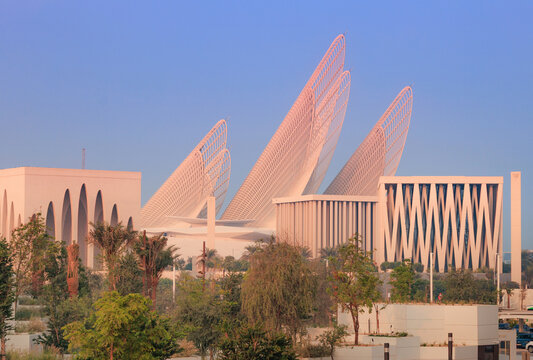 6 December 2025, Abu Dhabi, UAE: Abrahamic Family House complex showcasing the Mosque, Synagogue, and Church, with Zayed National Museum in background