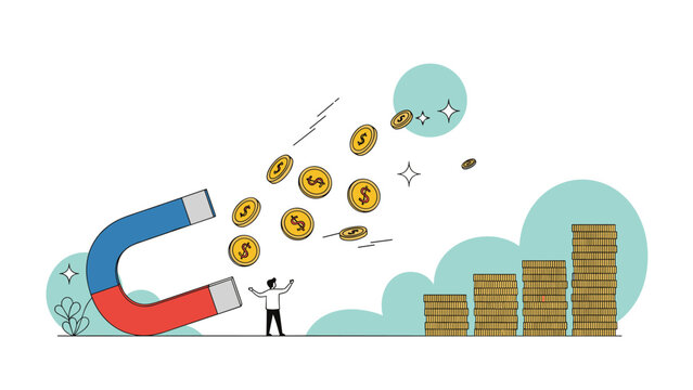 Giant magnet attracting a stream of gold coins while a small person watches money pile up in a financial illustration.