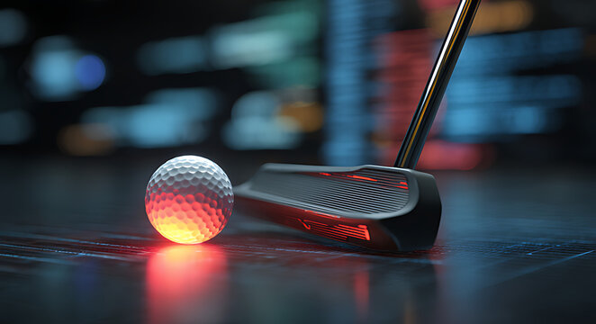 A golf putter striking a neon-colored ball