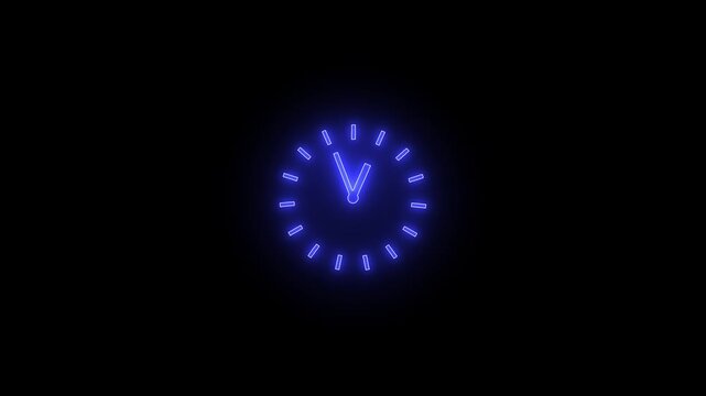 Glowing neon clock icon animation isolated on black background,circle analong watch icon on black backgrouynd,