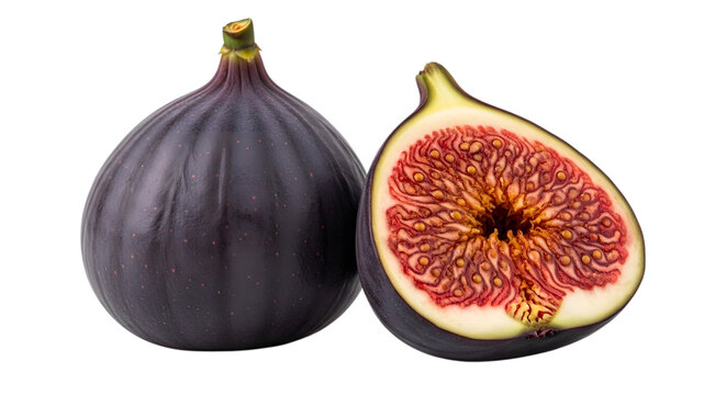 A whole and halved figs on a white background