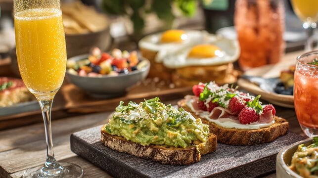 A brunch table scene featuring guacamole alongside mimosas and toast