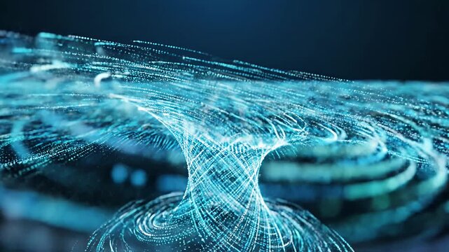 Abstract digital data vortex with glowing blue particles and lines