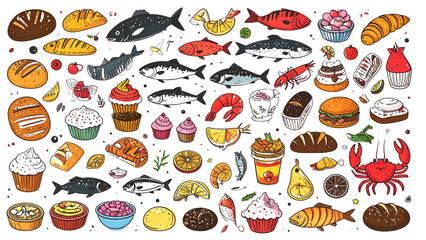 Food elements illustration set with bread cupcakes fish crab shrimp bakery and seafood items flat vector design