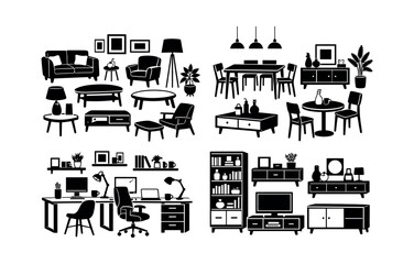 Obraz premium Home interior furniture and decorative items collection. Modern and minimalist silhouettes from various rooms