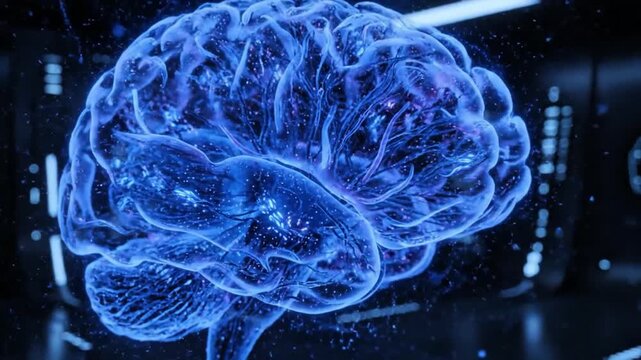 A futuristic digital illustration of a human brain in a dark environment viewed from the side