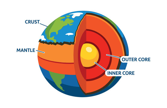 Earth planet model illustrating its internal structure. Cross section displaying crust, mantle, outer core, and inner core for education