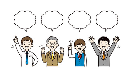 インタビューに答える、様々な年齢の男女のビジネスパーソンの上半身ベクターイラスト素材セット