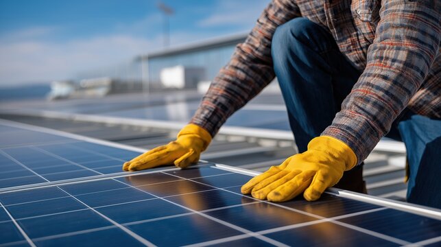 Worker in yellow gloves carefully positions solar panel on rooftop, dressed in plaid shirt and blue jeans, with solar array and clear sky visible