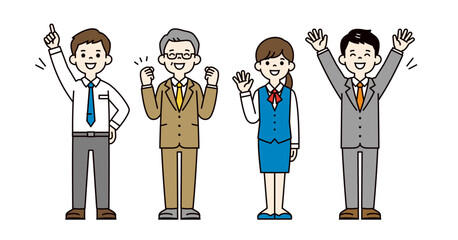 元気にポーズをとる、社長・経営者・上司・男性社員・女性社員の全身ベクターイラスト素材セット