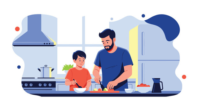 Caring father and his young son enjoying their time together while cooking a healthy meal in a modern kitchen.