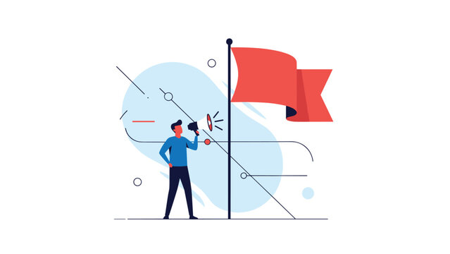 Man using a megaphone to shout and attract attention near a large red flag waving against a minimalist blue and white background.