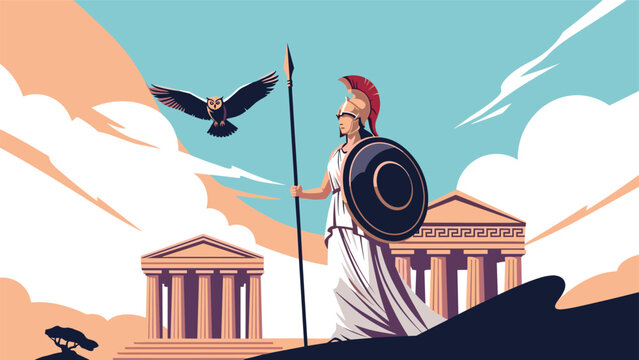 Ancient Greek goddess Athena holding a spear and shield standing before traditional temples and a flying owl.