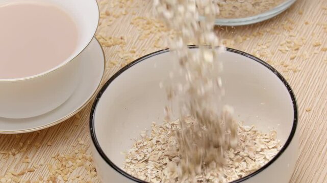 A refreshing healthy breakfast scene with pouring seeds cereal into a bowl rustic bowl texture and delicious healthy appearance perfect for breakfast or a snack emphasizing freshness