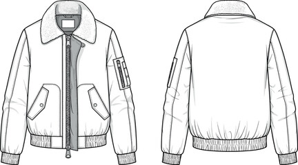 Winter bomber jacket fashion flat sketch vector template with shearling collar front and back view design for clothing tech pack © DALIARA 