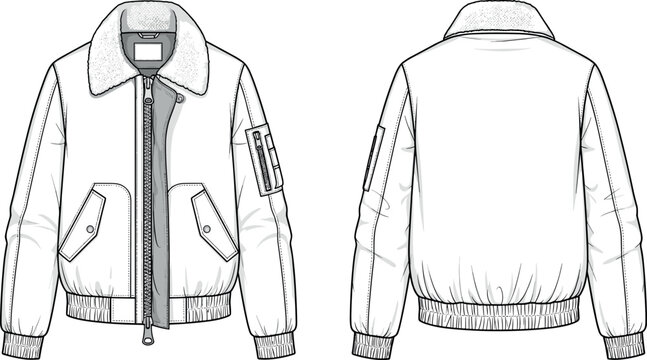 Winter bomber jacket fashion flat sketch vector template with shearling collar front and back view design for clothing tech pack
