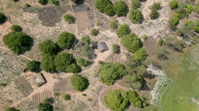 Overhead of rural African bush landscape with occasional bush houses and small scale farm plots.