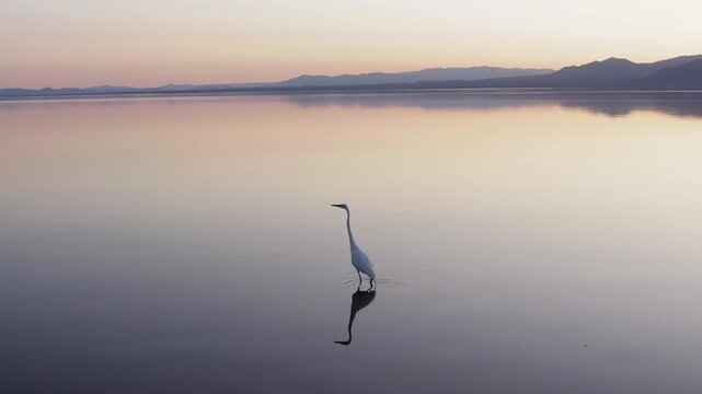 Salton Sea, California Great Egret in Still Water at Twilight