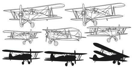 Vintage Biplane Aircraft Sketch Set Illustration © Hayat Khan