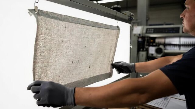 Closeup medium shot captures an inspector examining dyed fabric against a backlit inspection frame to identify color consistency and surface flaws.