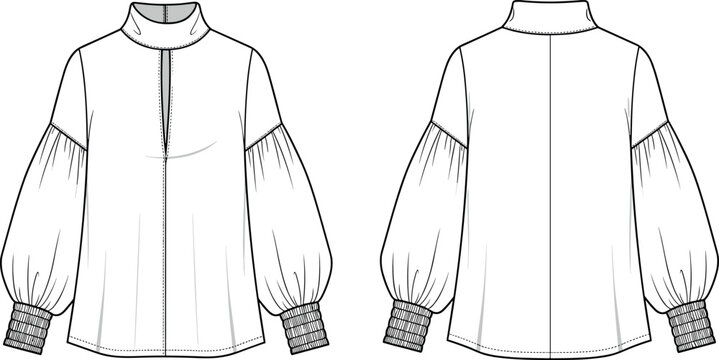 Women high neck blouse with deep slit front and balloon sleeves technical flat fashion sketch vector illustration front back view