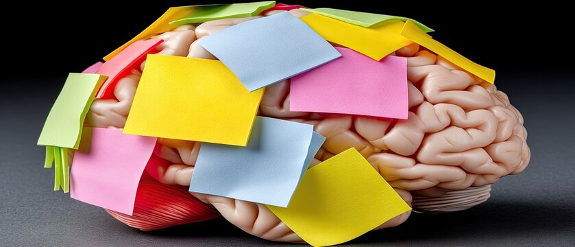 Exploring emotional intelligence and memory through a human brain surrounded by colorful sticky notes in a dark setting