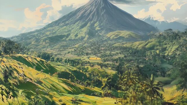 Verdant tropical valley landscape dominated by a large conical mountain