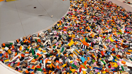 Naklejka premium Massive collection of colorful LEGO plastic building bricks and toy blocks on September 15, 2025 in Bangkok, Thailand.