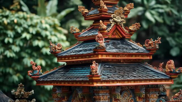 Ornate, tiered Balinese temple roof with detailed carvings and tiled roof
