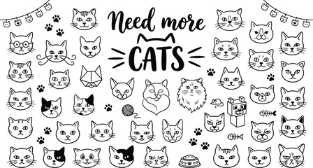 A charming collection of various cute cat faces and playful feline elements perfect for pet lovers © sehrish