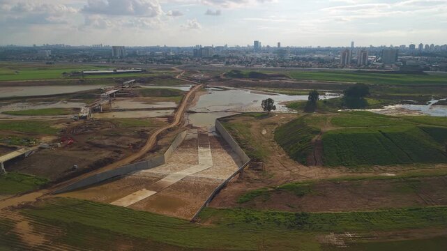 Aerial view of the largest environmental project in the Middle East, showing the development of Ariel Sharon Park near Tel Aviv.