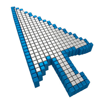 3D Pixelated Blue and White Mouse Cursor Arrow Pointer Icon Voxel Art Style Illustration for Web Design and Technology Concepts