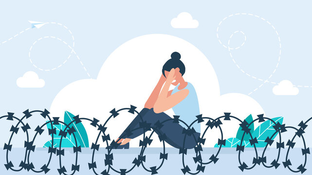 Depressed woman sitting in despair behind barbed wire fence. Concept of human rights, loss of freedom, mental health struggle, and social injustice or refugee crisis. Flat illustration.