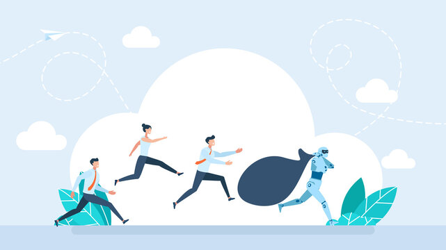 People chasing a digital robot thief who stole their social media friends and followers in a bag. Concept of online privacy risks, cyber crime, and hacking personal data. Flat illustration.
