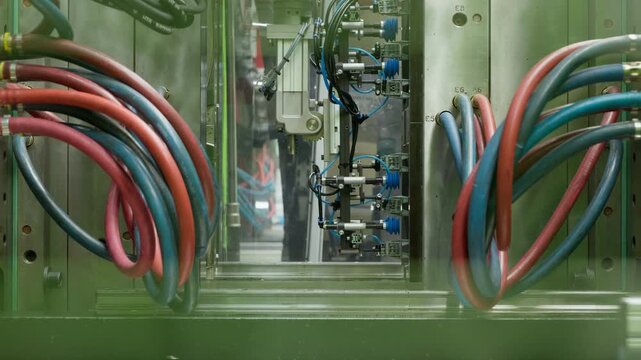 Closeup of plastic injection molding machine operating with colored hoses forming speaker grille parts in a university lab workshop. Industrial automation, prototyping and manufacturing process