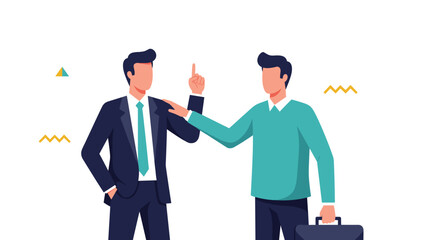 Two businessmen in professional suits standing together and having an animated conversation with expressive hand gestures against a clean background.