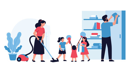 Fototapeta premium Happy family with three young children and parents working together to clean and organize their home using a vacuum and dusters.