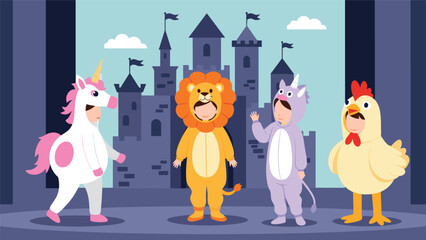 Naklejka premium Group of small children wearing colorful animal costumes like a lion, unicorn, and chicken while performing on a stage with a castle backdrop.