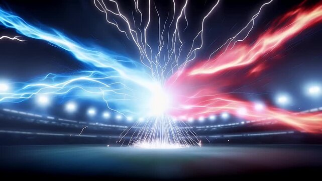 Electric blue and red energy figures clashing in stadium arena