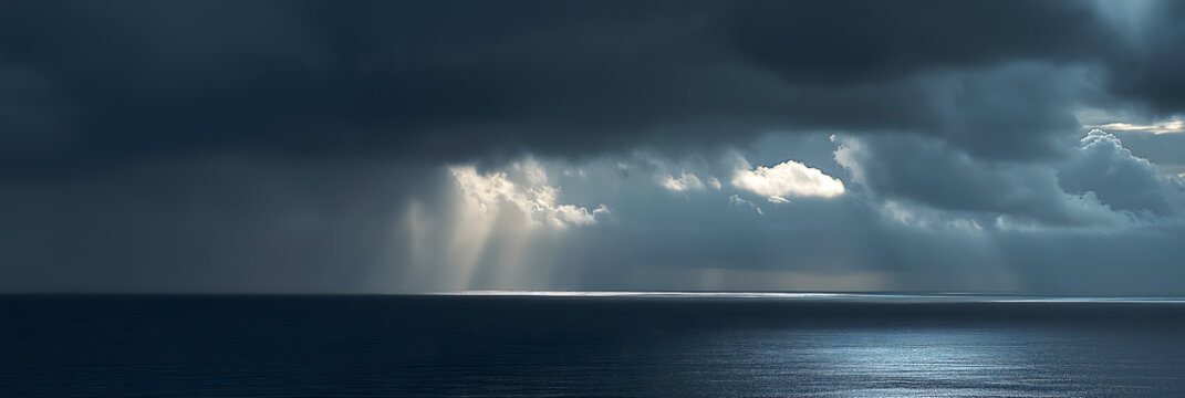 sunbeam slicing through heavy rain clouds over ocean horizon dramatic minimal stormscape