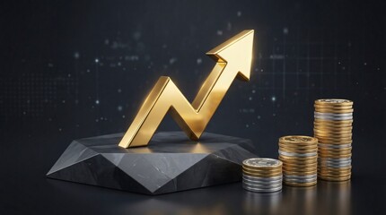 Golden Arrow Ascends with Stacked Coins Finance Growth Concept.