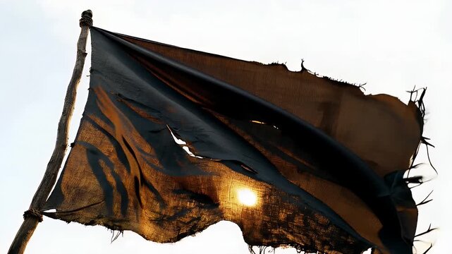 Tattered black fabric flag waving in wind