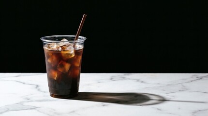 Iced Coffee on Marble Dark Elegance with Refreshing Moment.